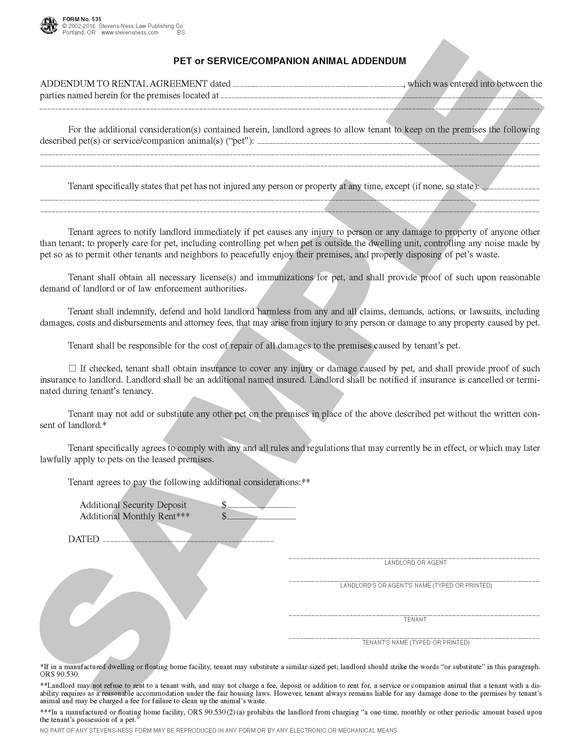 Service Animal Addendum SN 535 Pet or Aid Animal Addendum (OR) – Stevens-Ness Law Publishing Co.