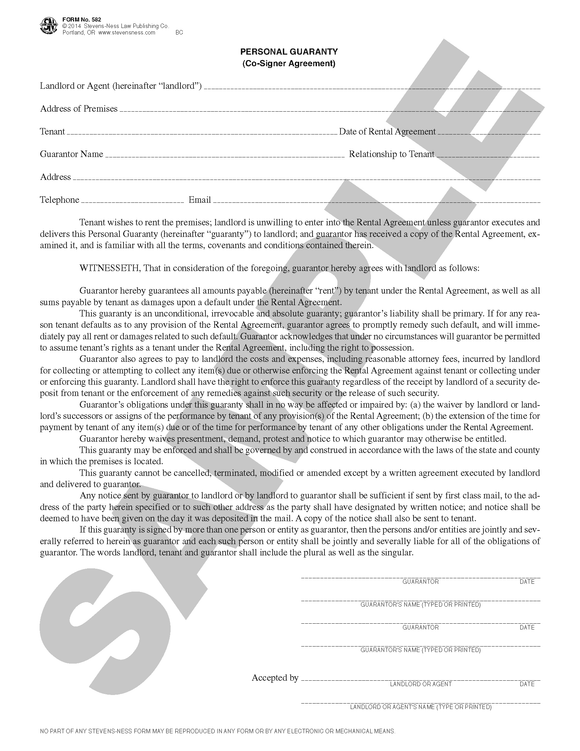 SN 582 Personal Guaranty (Co-Signer Agreement) (OR, WA)