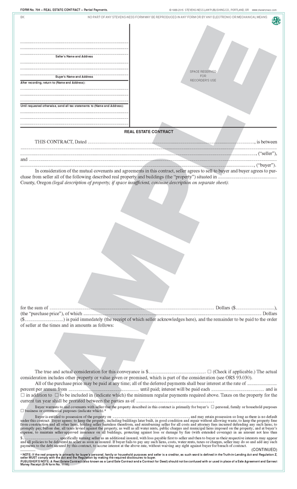 SN 704 Real Estate Contract, Partial Payments (OR)
