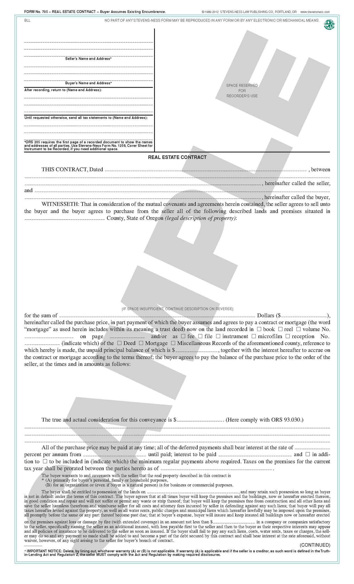 SN 705 Real Estate Contract, Purchaser Assumes Existing