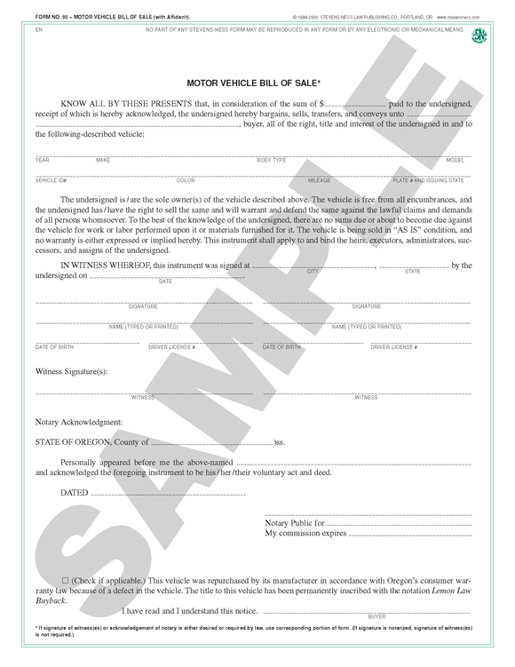 SN 80 Motor Vehicle Bill of Sale (with affidavit) (OR)