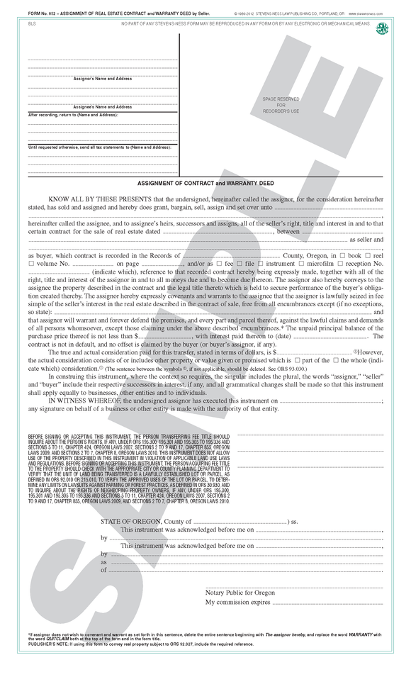 SN 852 Assignment of Real Estate Contract by Seller, and Warranty Deed (OR)