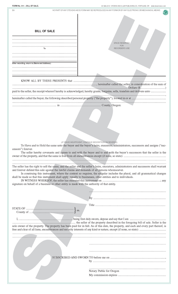 SN 911 Bill of Sale, Individual or Corporate Seller (OR)