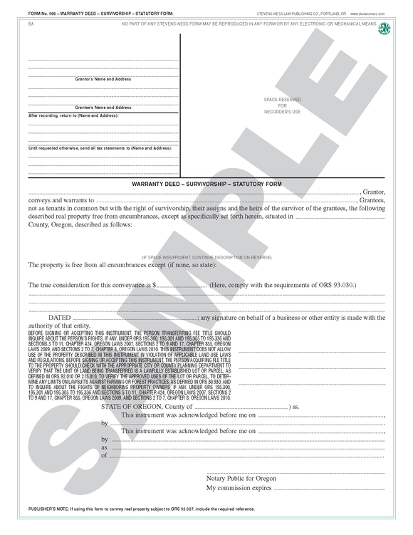 SN 966 Statutory Warranty Deed, Survivorship (OR)