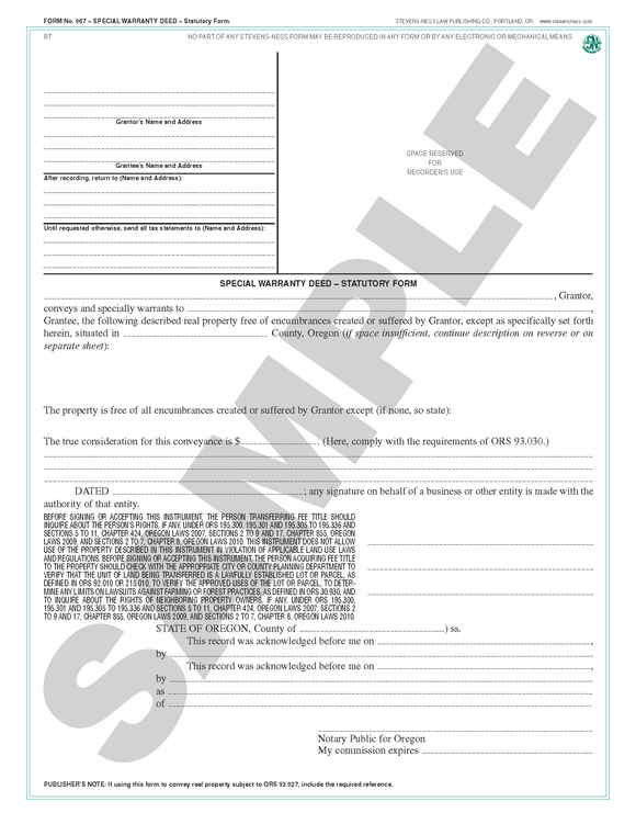 SN 967 Statutory Special Warranty Deed (OR)