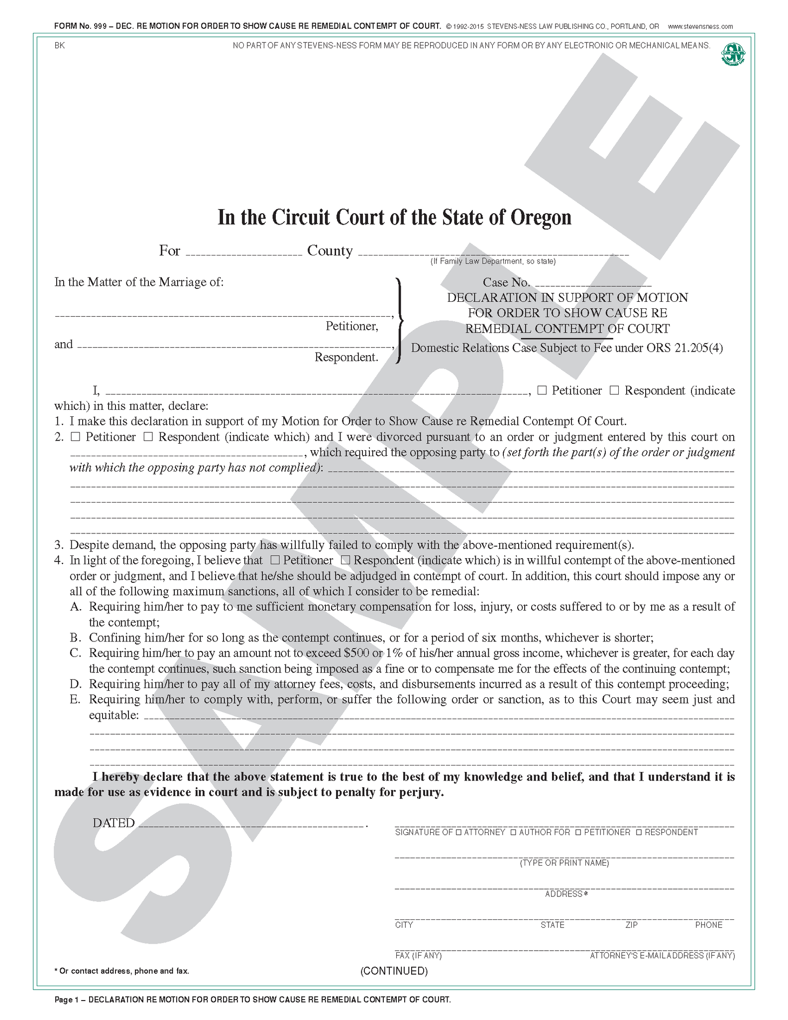 SN 999 Declaration in Support of Motion for Order to Show Cause Re Rem –  Stevens-Ness Law Publishing Co.