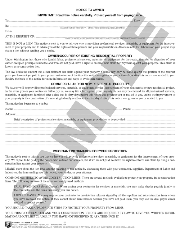 WA 19 Notice to Owner (re: Construction Liens) (WA)