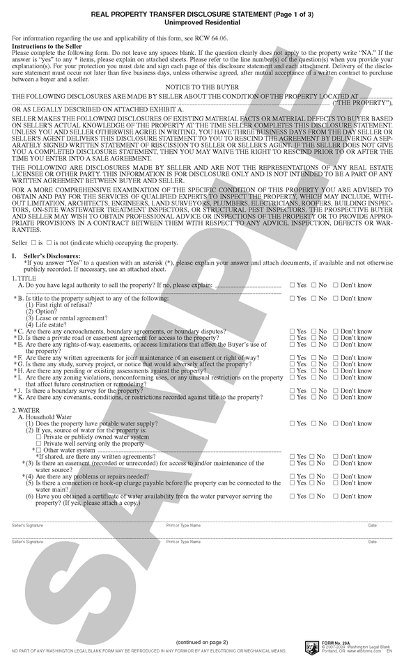 WA 26ABC Real Property Transfer Disclosure Statement Set, Unimproved Residential, Pages 1, 2 and 3 (WA)