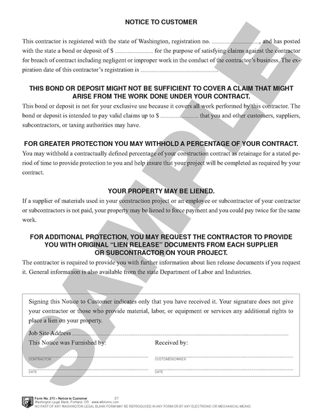 WA 275 Notice to Customer (WA) – Stevens-Ness Law Publishing Co.