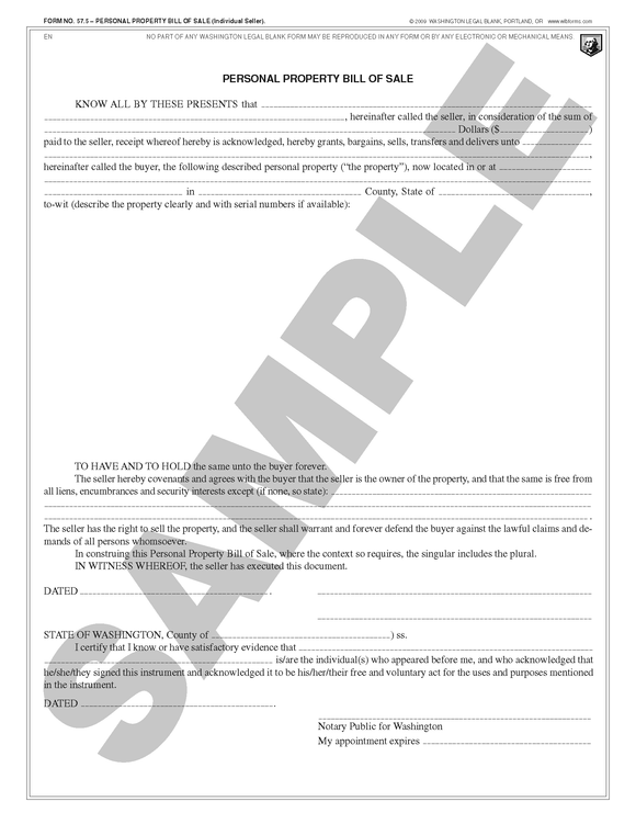 WA 57.5 Personal Property Bill of Sale (Individual Seller) (WA)