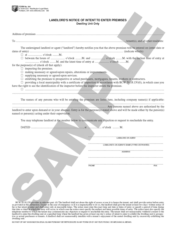 WA 904 Landlord's Notice of Intent to Enter Premises (WA)